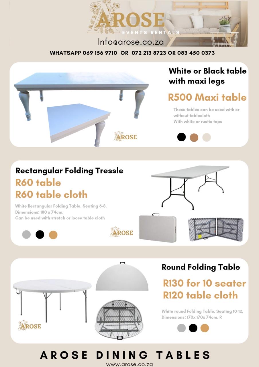 Arose Events dining tables rental catalog sheet