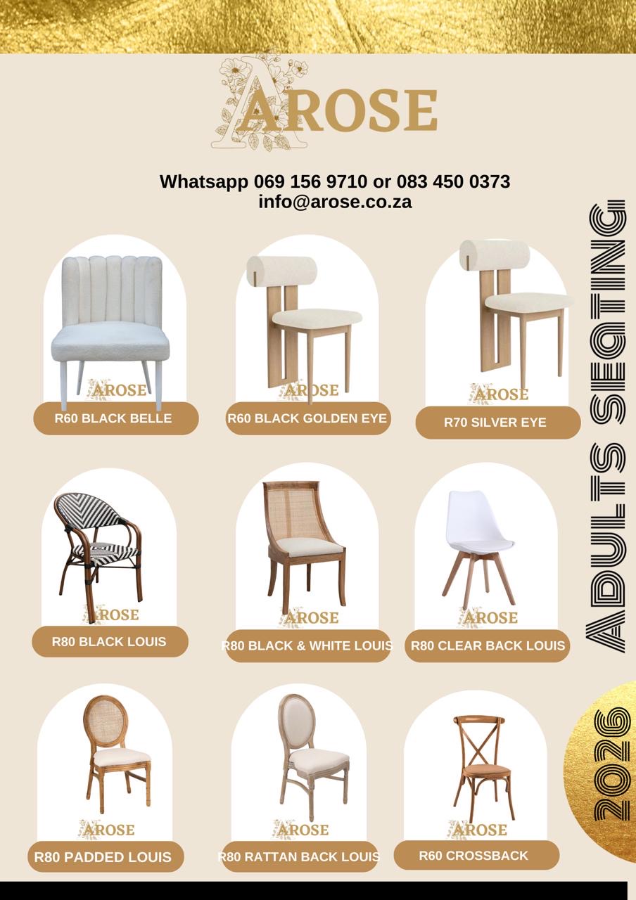Arose Events adults seating rental catalog sheet