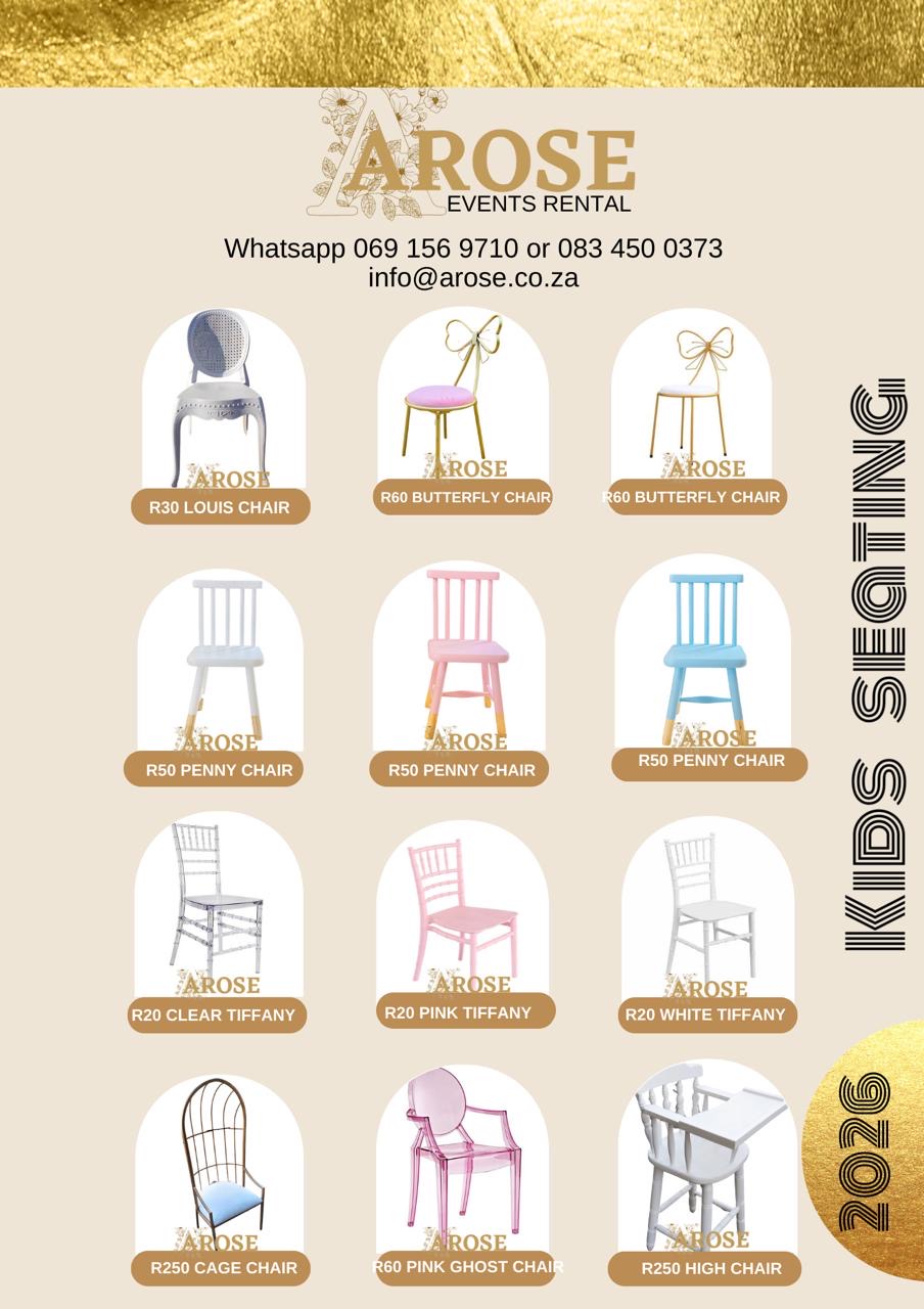 Arose Events kids seating rental catalog sheet