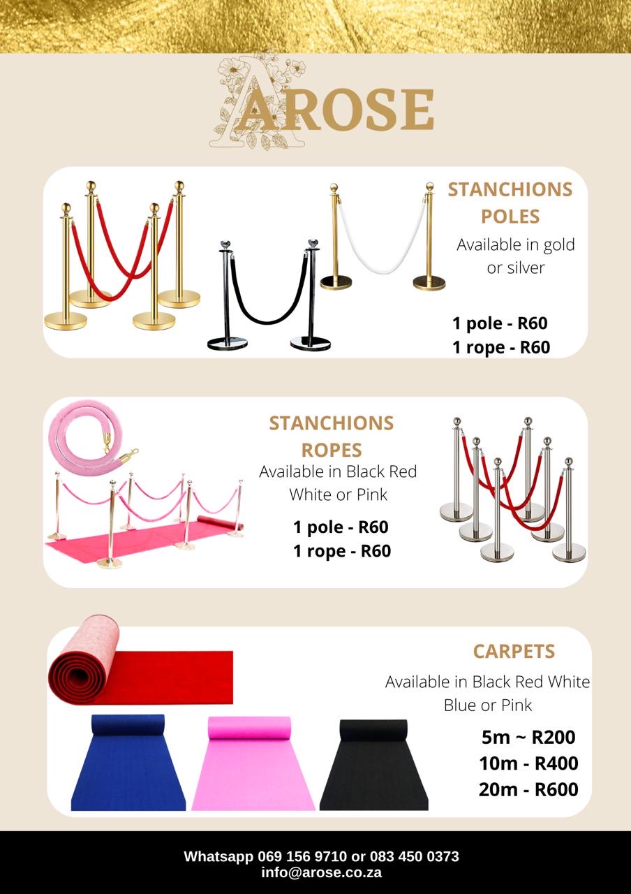Arose Events stanchions and carpets rental catalog sheet